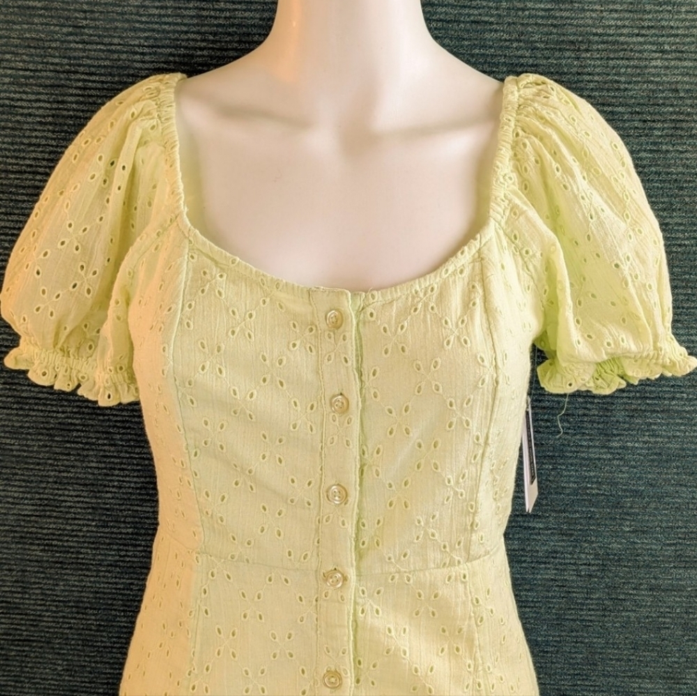 BP Eyelet Mini-Dress, Button Front Puffed Sleeves Lemon Lime Color - Picture 3 of 12